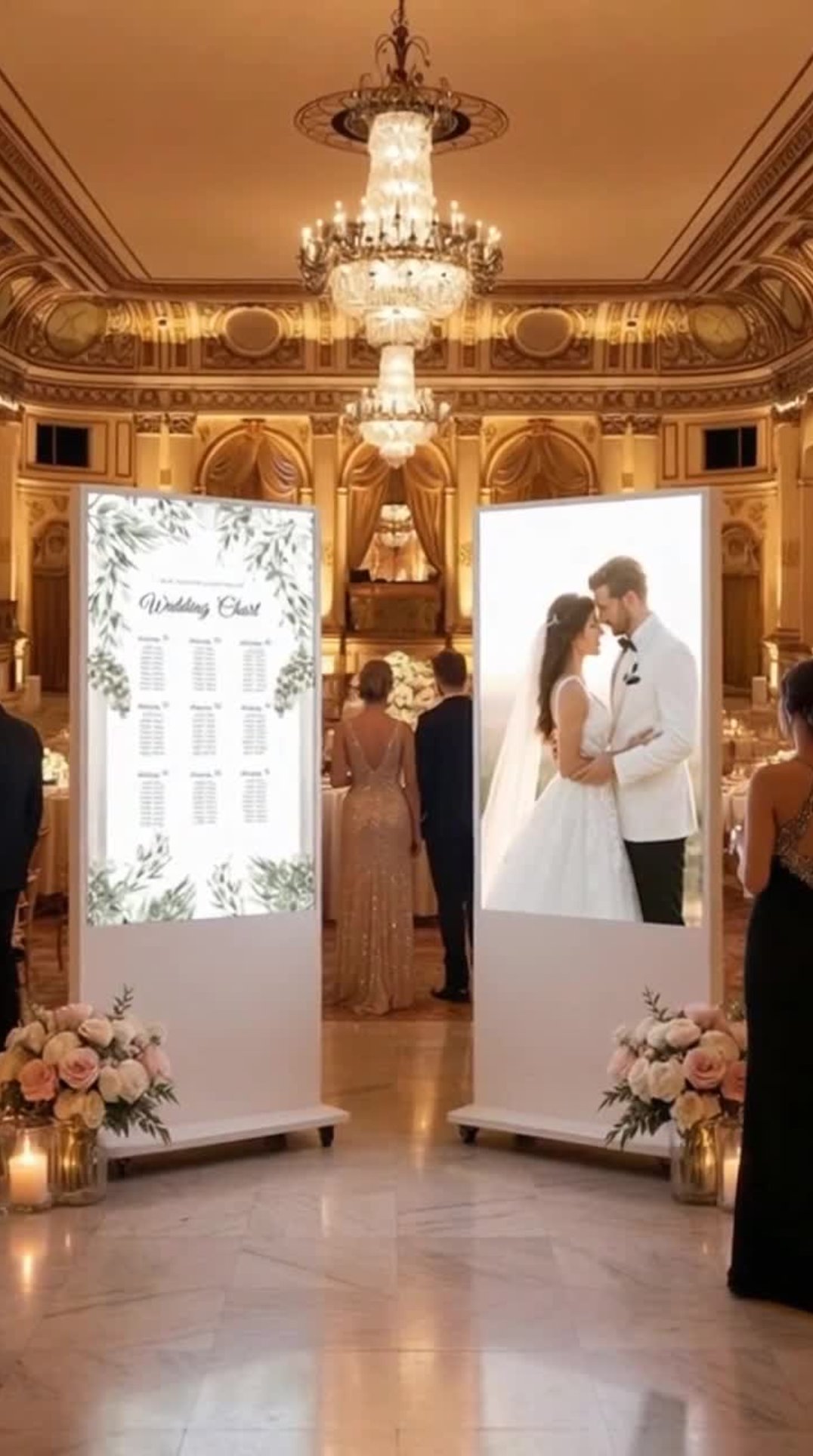 The Duo in grand ballroom with seating chart and couple photo