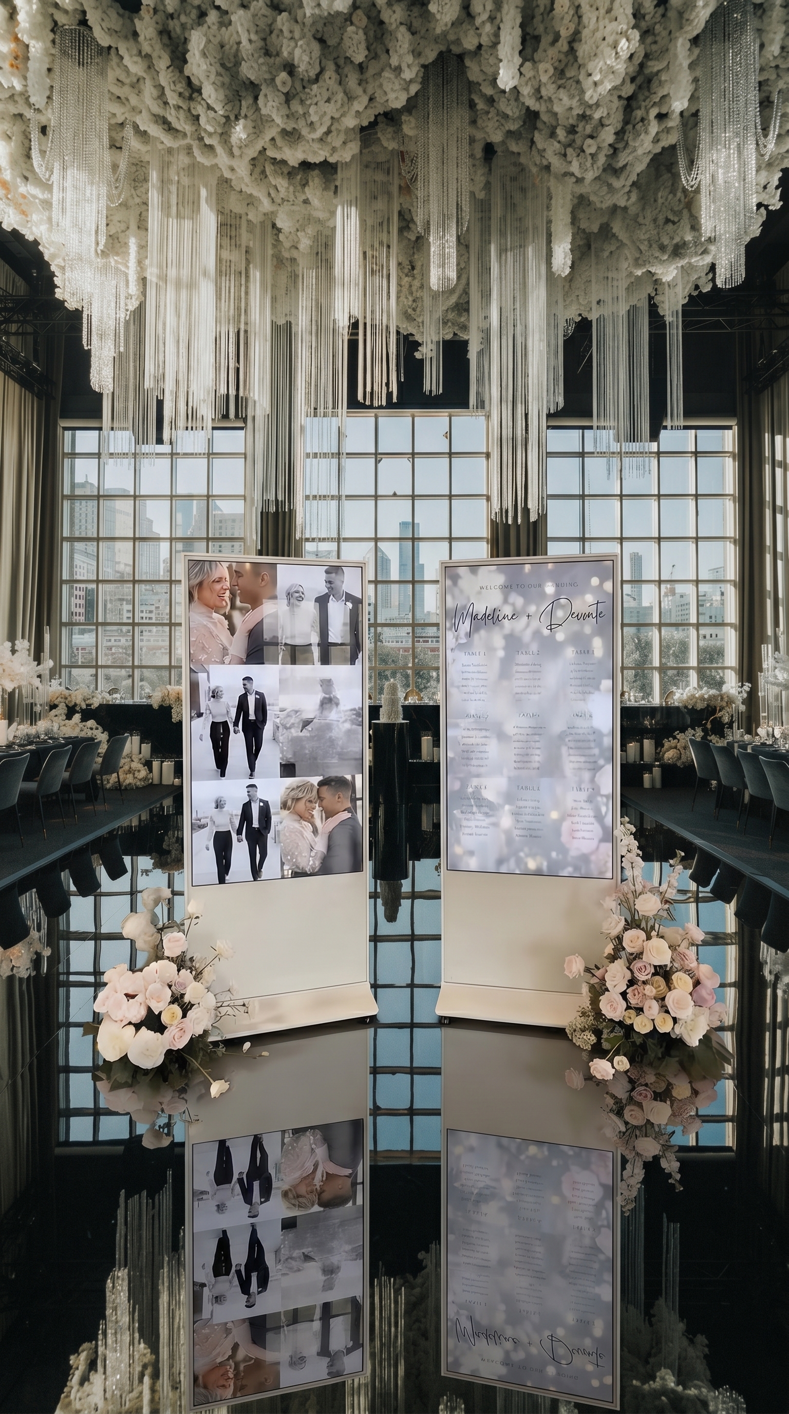 The Duo setup in luxury venue with floral ceiling installation